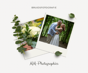 Minimalistische bruiloftsbanner met een bruidspaar dat elkaar kust in het bos en een detail van een bruidsboeket, vormgegeven in een rustige en elegante stijl.