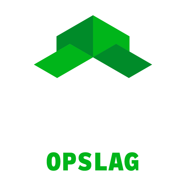 Groen geometrisch logo van Opslag met gestileerde dakvorm