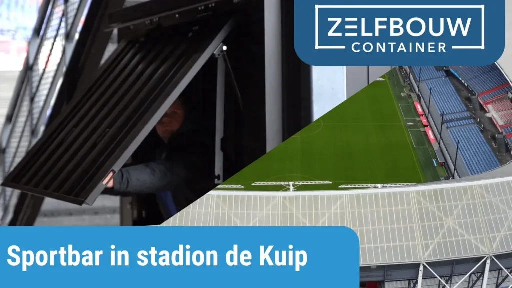 Zelfbouw container sportbar in stadion De Kuip, containerluik geopend met uitzicht op voetbalveld en tribunes