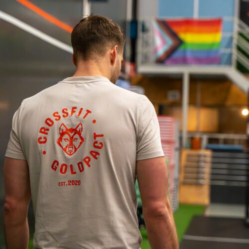 CrossFit coach in gym met CrossFit Gold Pact shirt tijdens training