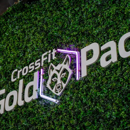 CrossFit Gold Pact logo op groene wand in gym