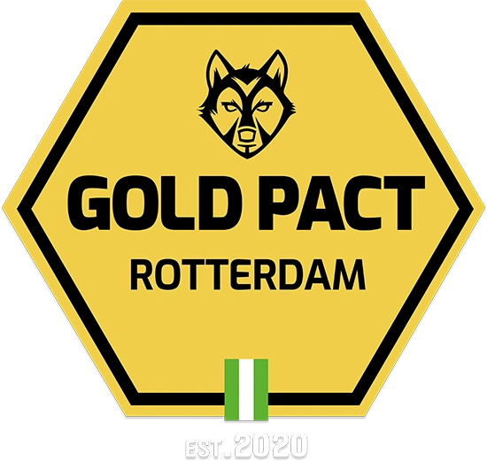 Gold Pact Rotterdam logo met wolf icoon in zwart op een gouden hexagon met de tekst Gold Pact Rotterdam en est. 2020