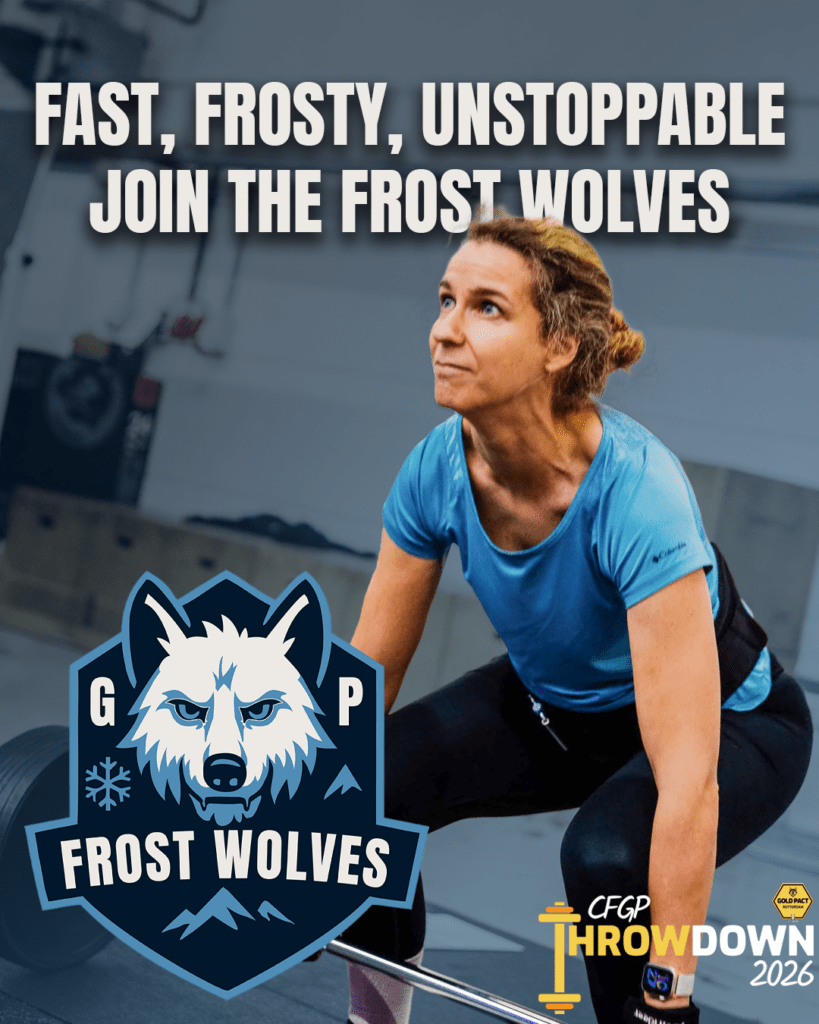 Poster van de Frost Wolves met een sporter tijdens een deadlift en een blauw-wit wolvenlogo.