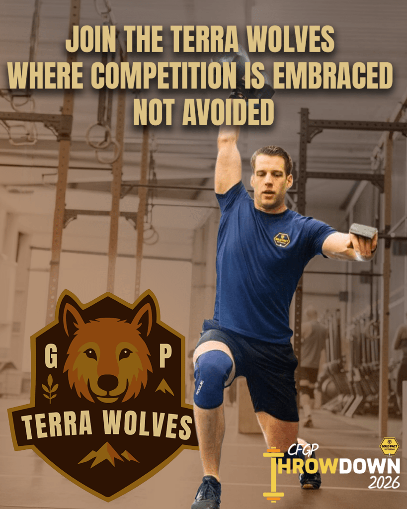 Aankondigingsposter van het Terra Wolves-team voor de CFGP Throwdown 2026 met een atleet in actie en een bruin wolvenlogo.