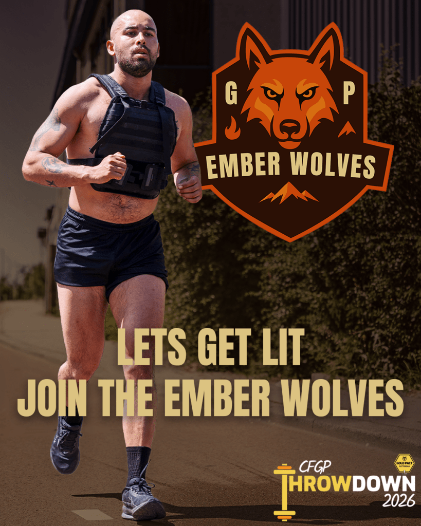 Aankondigingsposter van de Ember Wolves met een hardlopende atleet in een gewichtsvest en een oranje wolvenlogo.