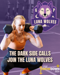 Teamposter van de Luna Wolves met een sporter die een squat uitvoert en een paars wolvenlogo.
