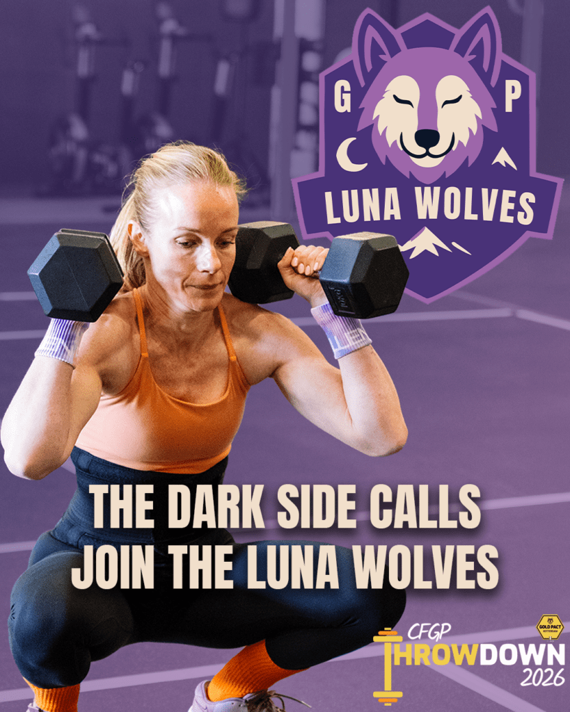 Teamposter van de Luna Wolves met een sporter die een squat uitvoert en een paars wolvenlogo.
